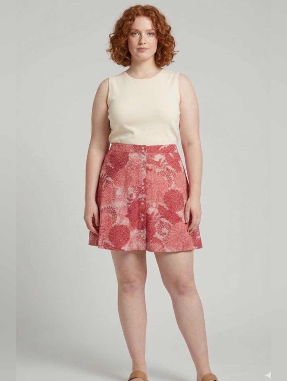 LOFT Pink Floral Button-Front A Line Skirt